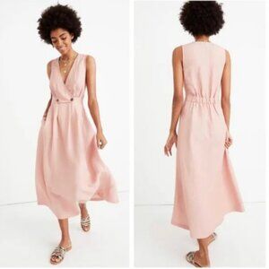 Madewell Women Button-Waist Wrap Midi Dress 4 Pink Sleeveless Linen Blend Pocket
